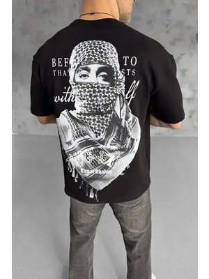 Ayessa Erkek Kısa Kol Tişört Bisiklet Yaka Filistin Poşulu Baskılı T-Shirt - Siyah Siyah - 2xl