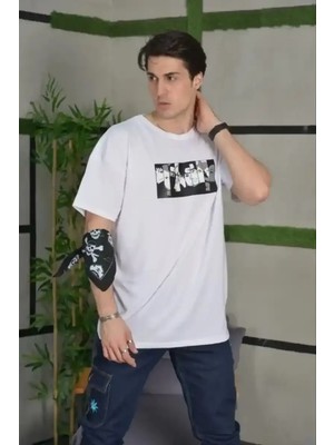 Ayessa Erkek Kısa Kol Yazlık Tişört Bisiklet Yaka Baskılı Oversize T-Shirt - Beyaz Beyaz - S
