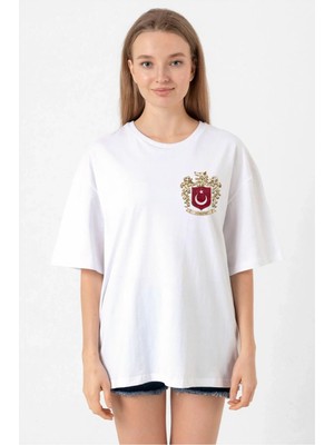 Ayessa Türk Arma Baskılı Oversize Bisiklet Yaka Günlük T-Shirt - Beyaz Beyaz - L