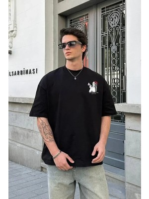 Ayessa Erkek Kısa Kol Yazlık Tişört Bisiklet Yaka Baskılı Oversize T-Shirt - Beyaz Siyah - 2xl