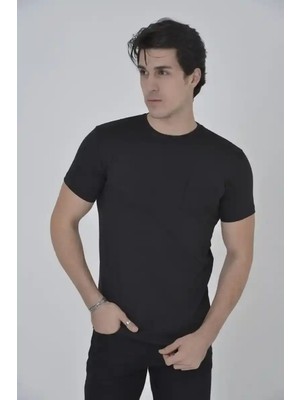 Ayessa Erkek File Çepli  T-Shirt Kısa Kol Bisiklet Yaka Slimfit Tişört - Siyah Siyah - 2xl