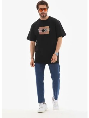 Ayessa Erkek Baskılı T-Shirt Kısa Kol Bisiklet Yaka Regular Fit Rahat Kalıp Tişört -  Siyah Siyah - 2xl