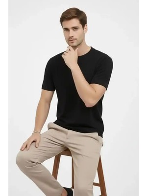 Ayessa Erkek Bisiklet Yaka Yazlık Kısa Kol Düz Tişört Regular Kalıp T-Shirt - Siyah Siyah - 2xl