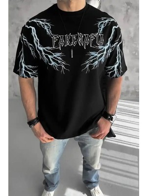 Ayessa Erkek Bisiklet Yaka Yıldırım Baskılı  kısa Kol T-Shirt-Siyah Siyah - 2xl