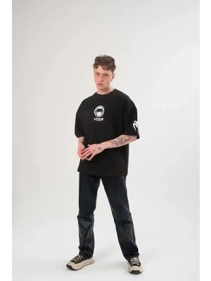 Ayessa Erkek Kısa Kol Tişört Göğüs ve Kol Bisiklet Yaka Baskılı T-Shirt - Siyah Siyah - 2xl