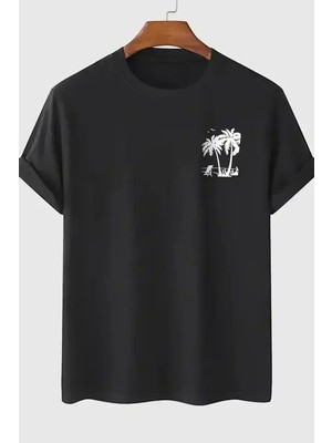 Ayessa Erkek Kısa Kol Yazlık Tişört Bisiklet Yaka Palmiye Baskılı T-Shirt - Siyah Siyah - 2xl