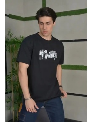 Ayessa Erkek Kısa Kol Yazlık Tişört Bisiklet Yaka Baskılı Oversize T-Shirt - Siyah Siyah - 2xl