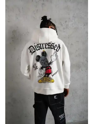 Ayessa Erkek 3 Iplik Pamuklu Kapüşonlu Baskılı Cepli Oversize Sweatshirt Hoodie - Beyaz Beyaz - M