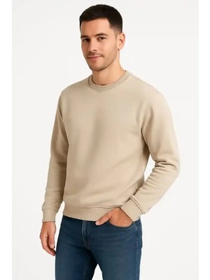 Ayessa Erkek 3 Iplik Pamuklu Düz Bisiklet Yaka Sweatshirt - Bej Bej - S