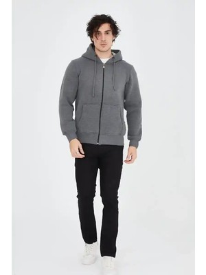 Ayessa Erkek 3 Iplik Pamuklu Kapüşonlu Tam Fermuarlı Cepli Hoodie Sweatshirt - Füme Füme - S