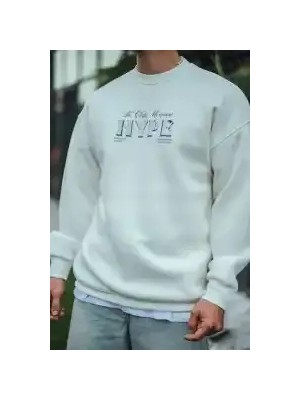 Ayessa Erkek 3 Iplik Pamuklu Bisiklet Yaka Baskılı Sweatshirt - Beyaz Beyaz - 2xl