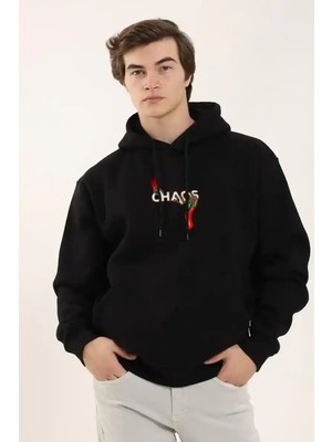 Ayessa Erkek 3 Iplik Pamuklu Kapüşonlu Baskılı Cepli Oversize Sweatshirt Hoodie - Siyah Siyah - M