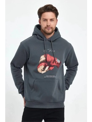 Ayessa Erkek 3 Iplik Pamuklu Kapüşonlu Cepli Boks Eldiven Baskılı Hoodie Sweatshirt - Füme Gri - M