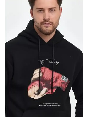 Ayessa Erkek 3 Iplik Pamuklu Kapüşonlu Cepli Boxy Eldiven Baskılı Hoodie Sweatshirt - Siyah Siyah - M