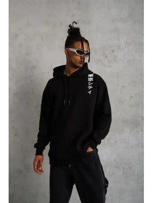Ayessa Erkek 3 Iplik Pamuklu Kapüşonlu Baskılı Cepli Oversize Sweatshirt Hoodie - Siyah Siyah - Xl