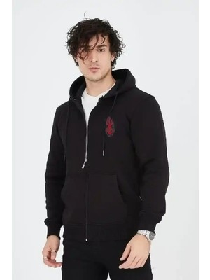 Ayessa Erkek 3 Iplik Pamuklu Kapüşonlu Tam Fermuarlı Cepli Hoodie Sweatshirt - Siyah Siyah - M