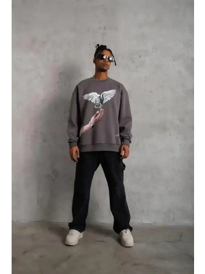 Ayessa Erkek Güvercin Baskılı 3 Iplik Pamuklu Bisiklet Yaka Sweatshirt - Gri Gri - S