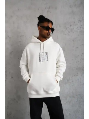 Ayessa Erkek 3 Iplik Pamuklu Kapüşonlu Baskılı Cepli Oversize Sweatshirt Hoodie - Beyaz Beyaz - S
