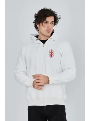 Ayessa Erkek 3 Iplik Pamuklu Kapüşonlu Tam Fermuarlı Cepli Hoodie Sweatshirt - Beyaz Beyaz - L