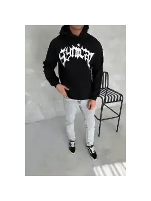 Ayessa Erkek 3 Iplik Pamuklu Kapüşonlu Baskılı Cepli Oversize Sweatshirt Hoodie - Siyah Siyah - 2xl