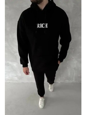 Ayessa Erkek Kapüşonlu Kanguru Cepli Sweatshirt 3 Iplik Pamuklu Baskılı Hoodie -  Siyah Siyah - Xl
