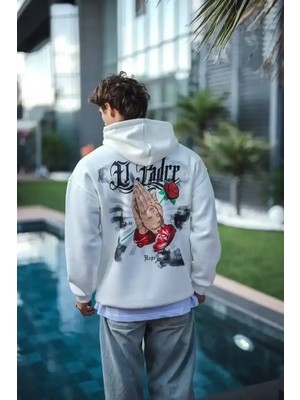Ayessa Erkek Kapüşonlu Kanguru Cepli Sweatshirt 3 Iplik Pamuklu Baskılı Hoodie - Beyaz Beyaz - L