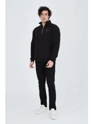 Ayessa Erkek Yarım Fermuarlı Baskılı 3 Iplik Pamuklu Sweatshirt - Siyah Siyah - M