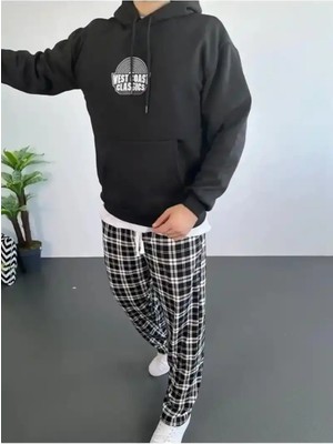 Ayessa Erkek 3 Iplik Pamuklu Kapüşonlu Baskılı Cepli Oversize Sweatshirt Hoodie - Siyah Siyah - Xl