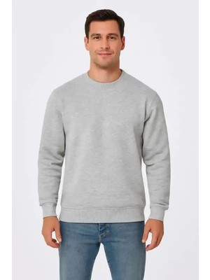 Ayessa Erkek 3 Iplik Pamuklu Düz Bisiklet Yaka Sweatshirt - Gri Gri - M