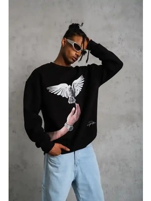 Ayessa Erkek Güvercin Baskılı 3 Iplik Bisiklet Yaka Ipamuklu Sweatshirt - Siyah Siyah - L