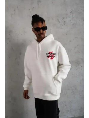 Ayessa Erkek 3 Iplik Pamuklu Kapüşonlu Baskılı Cepli Oversize Sweatshirt Hoodie - Beyaz Beyaz - Xl
