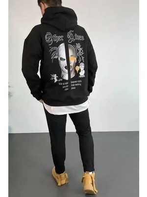 Ayessa Erkek Kapüşonlu Kanguru Cepli Sweatshirt 3 Iplik Pamuklu Baskılı Hoodie - Siyah Siyah - Xl
