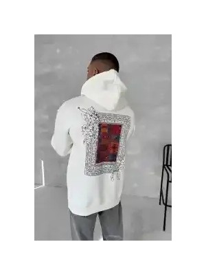 Ayessa Erkek Kapüşonlu Kanguru Cepli Sweatshirt 3 Iplik Pamuklu Baskılı Hoodie - Beyaz Beyaz - L