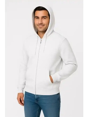 Ayessa Erkek 3 Iplik Pamuklu Kapüşonlu Tam Fermuarlı Cepli Hoodie Sweatshirt - Beyaz Beyaz - S