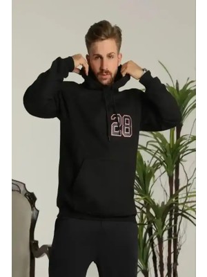 Ayessa Erkek 3 Iplik Pamuklu Kapüşonlu Baskılı Cepli Oversize Sweatshirt Hoodie - Siyah Siyah - Xl