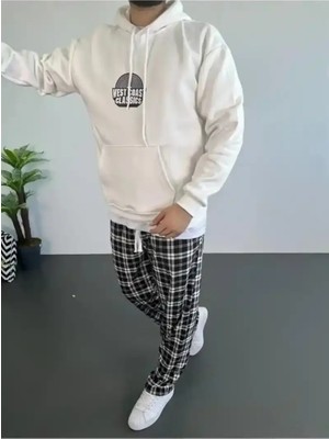 Ayessa Erkek 3 Iplik Pamuklu Kapüşonlu Baskılı Cepli Oversize Sweatshirt Hoodie - Beyaz Beyaz - S