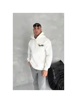 Ayessa Erkek Kapüşonlu Kanguru Cepli Sweatshirt 3 Iplik Pamuklu Baskılı Hoodie - Beyaz Beyaz - L