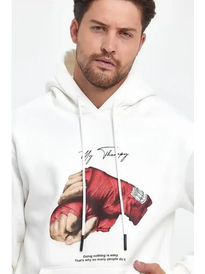 Ayessa Erkek 3 Iplik Pamuklu Kapüşonlu Cepli Box Eldiven Baskılı Hoodie Sweatshirt - Beyaz Beyaz - S