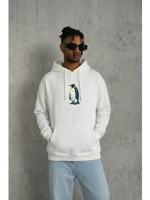Ayessa Erkek Survivor Penguin Baskılı 3 Iplik Pamuklu Kapüşonlu Sweatshirt Hoodie Beyaz Beyaz - 2xl