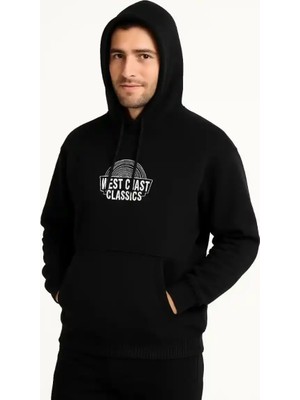Ayessa Erkek Kapüşonlu Kanguru Cepli Sweatshirt 3 Iplik Pamuklu Baskılı Hoodie -  Siyah Siyah - L