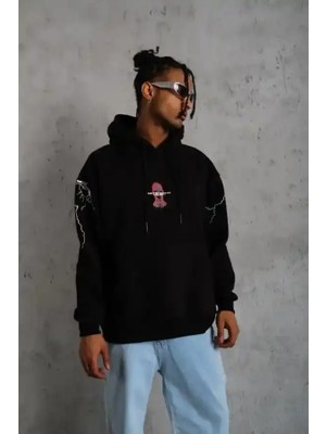 Ayessa Erkek 3 Iplik Pamuklu Kapüşonlu Baskılı Cepli Oversize Sweatshirt Hoodie - Siyah Siyah - S