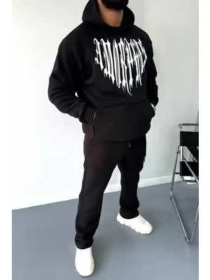 Ayessa Erkek Kapüşonlu Kanguru Cepli Sweatshirt 3 Iplik Pamuklu Baskılı Hoodie -  Siyah Siyah - S
