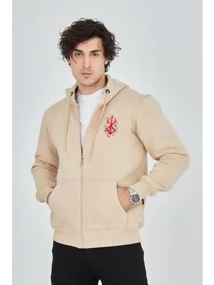 Ayessa Erkek 3 Iplik Pamuklu Kapüşonlu Tam Fermuarlı Cepli Hoodie Sweatshirt - Bej Bej - M