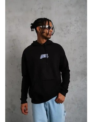 Ayessa Erkek 3 Iplik Pamuklu Kapüşonlu Baskılı Cepli Oversize Sweatshirt Hoodie - Siyah Siyah - Xl
