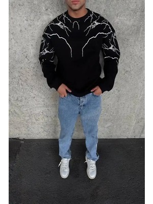 Ayessa Erkek 3 Iplik Pamuklu Yıldırım Baskılı Bisiklet Yaka Sweatshirt - Siyah Siyah - Xl