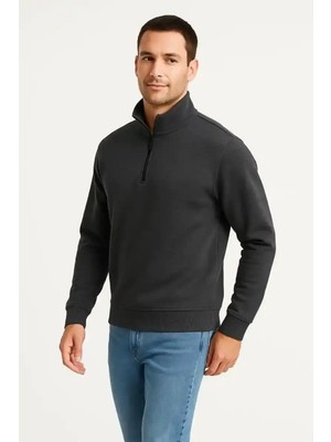 Ayessa Erkek Dik Yaka Yarım Fermuarlı 3 Iplik Pamuklu Sweatshirt - Antrasit Antrasit - 2xl