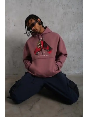 Ayessa Erkek Kapüşonlu Cepli Box Eldiven Baskılı 3 Iplik Sweatshirt Hoodie - Gül Kurusu Gül Kurusu - M