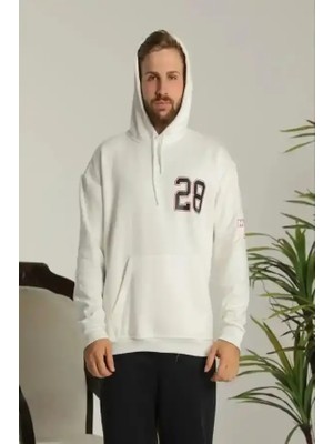 Ayessa Erkek 3 Iplik Pamuklu Kapüşonlu Baskılı Cepli Oversize Sweatshirt Hoodie - Beyaz Beyaz - M