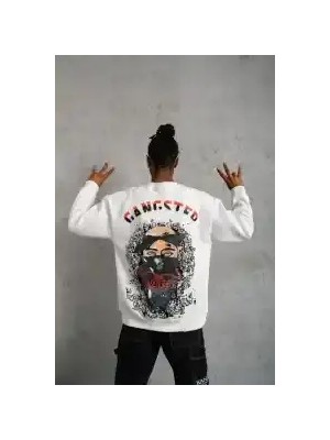 Ayessa Erkek 3 Iplik Pamuklu Bisiklet Yaka Gangster Baskılı Sweatshirt - Beyaz Beyaz - L