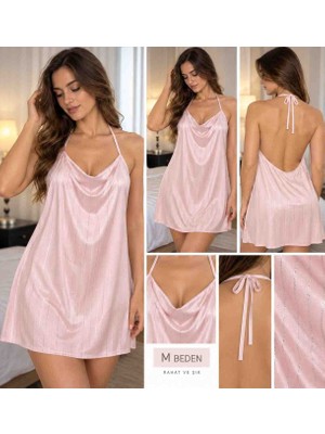 Real Passionel Pembe Çizgili Kadın Gecelik – M Beden, Boyundan Bağlamalı, Önden Dökümlü Drapeli Şık Tasarım